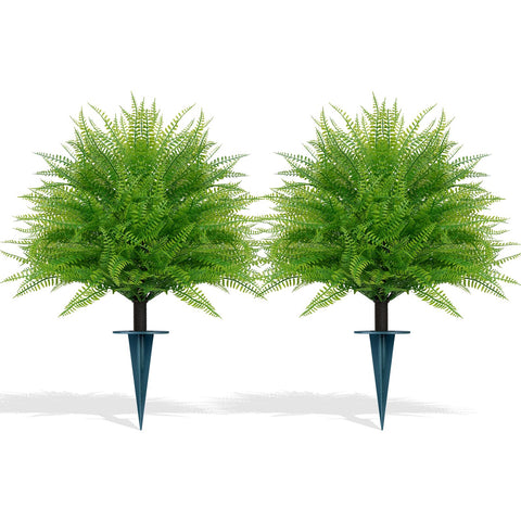 Grooy artificial fern topiary ball with ground spike for weather-resistant porch display