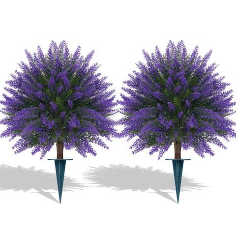 Grooy lavender topiary ball set 2 with ground spike for secure porch display.