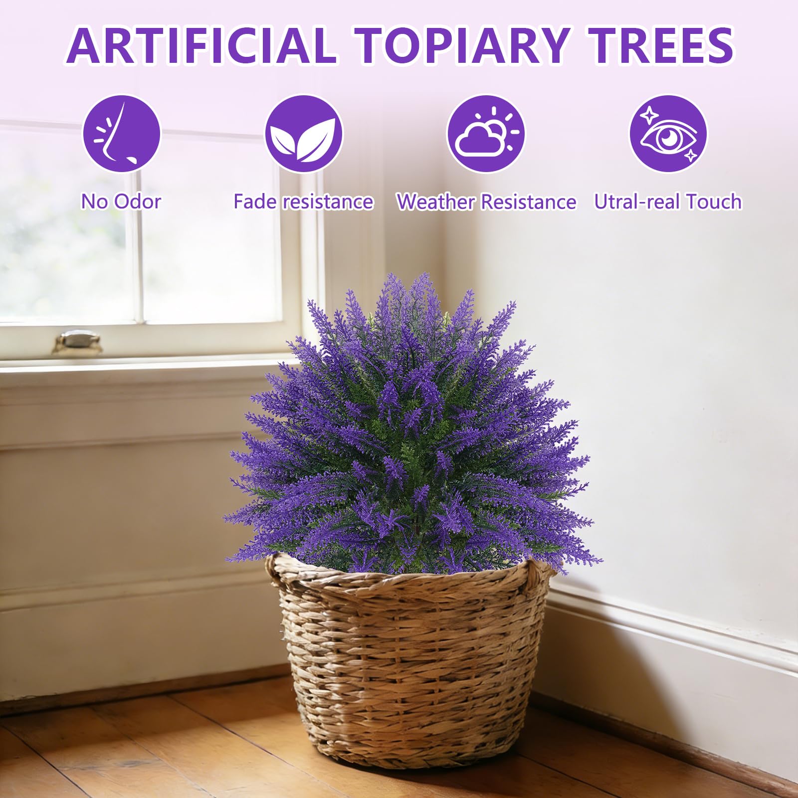 Grooy lavender topiary on patio scene for outdoor decor.