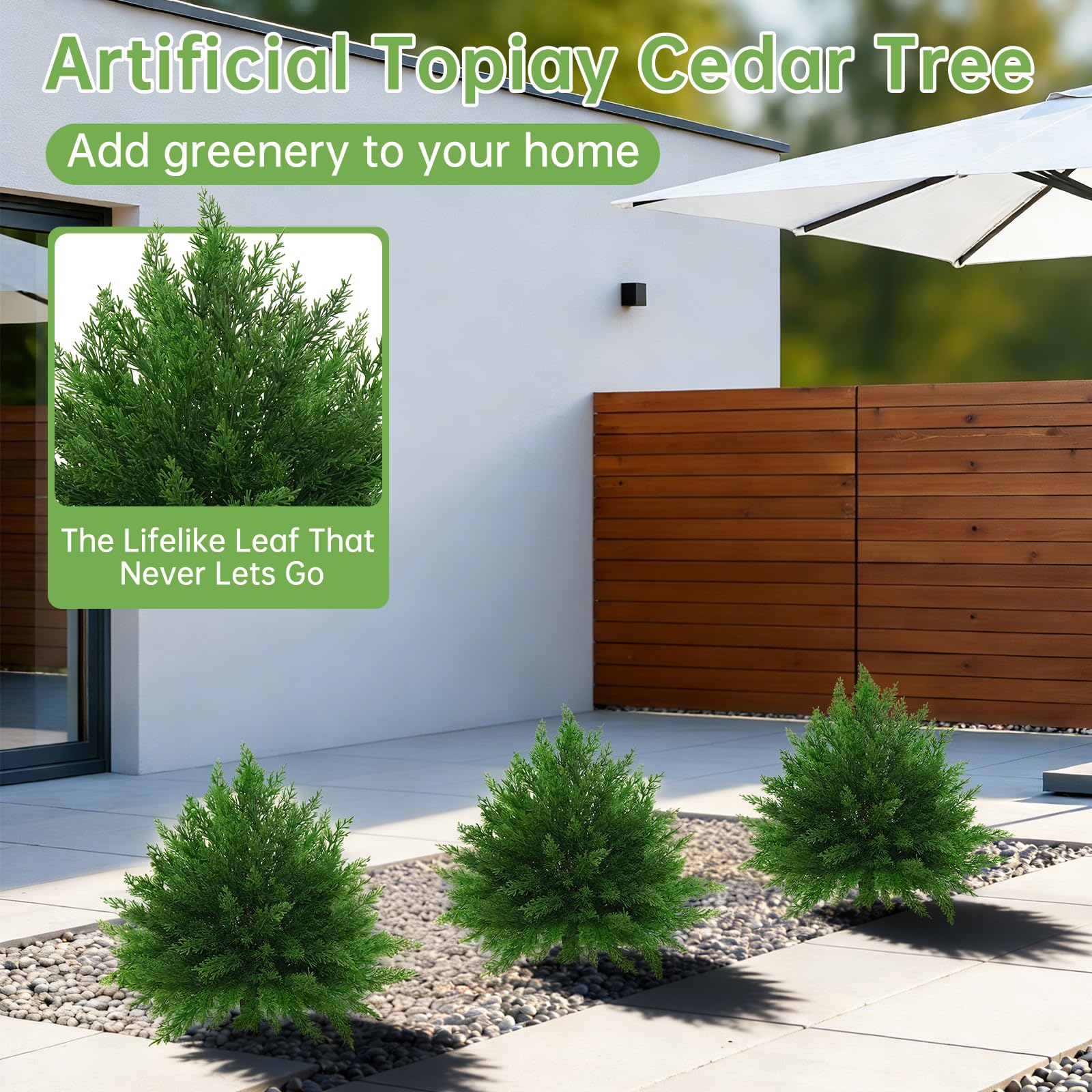 Grooy two-piece cedar topiary set enhances entryways and walkways.