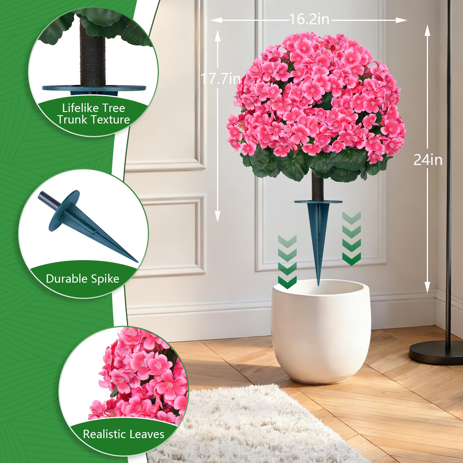 Grooy topiary ball pink crabapple close-up shows realistic silk blooms.
