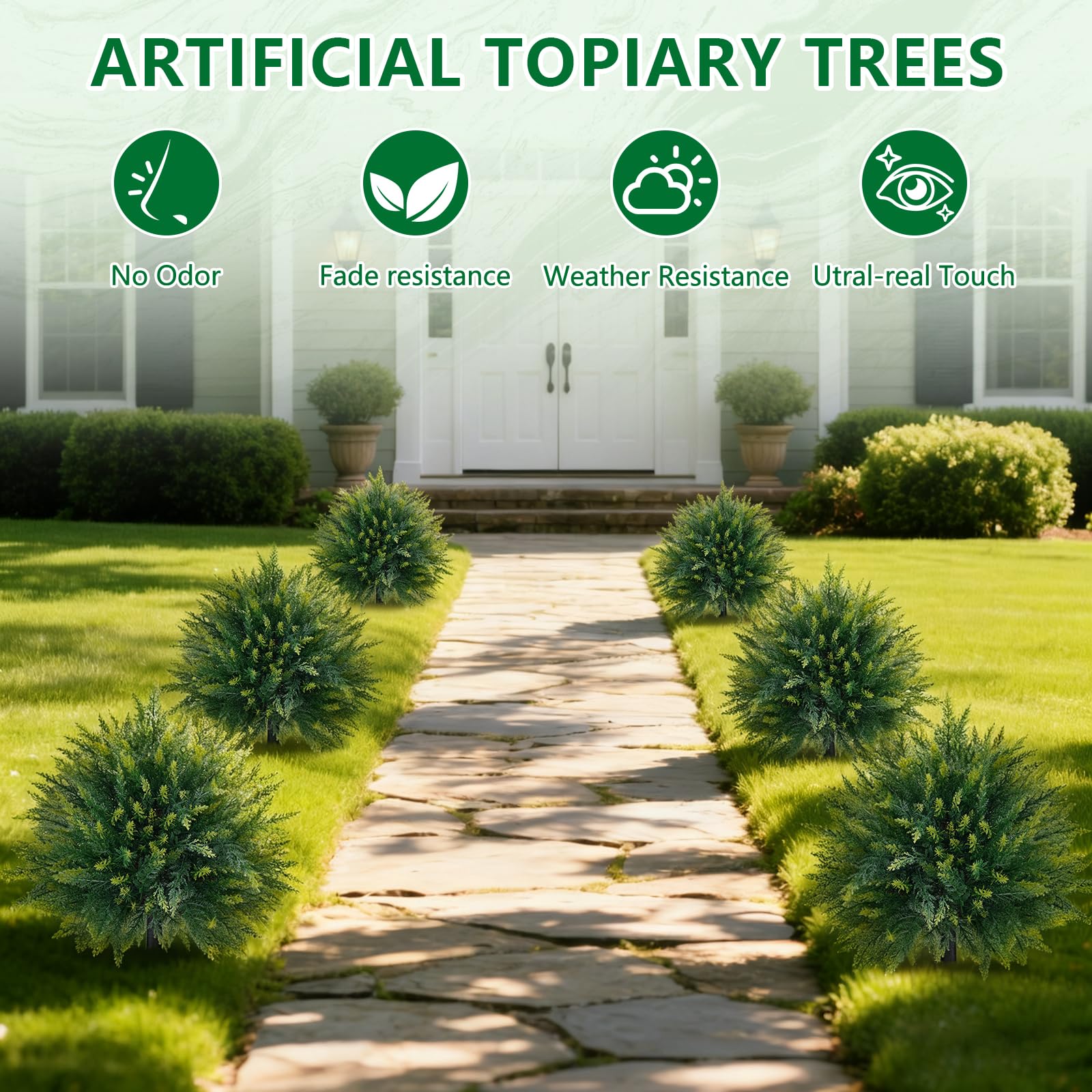 Grooy UV-resistant artificial cedar topiary maintains vibrant greenery outdoors.