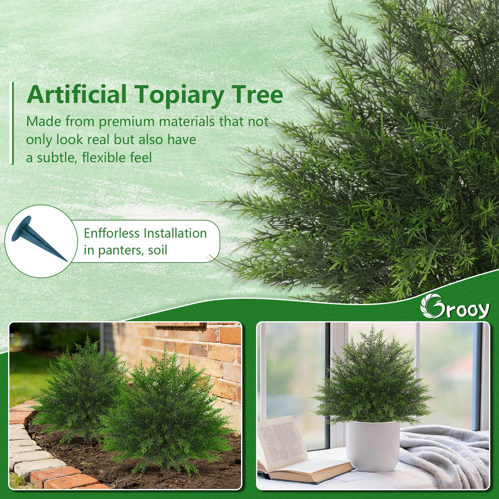 Grooy weather-resistant leaves stay vibrant with minimal maintenance.