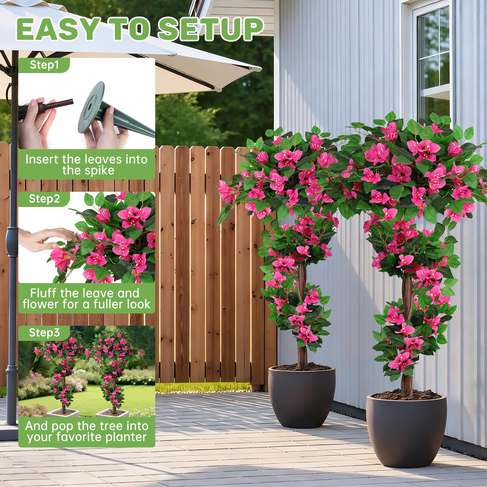 Grooy weatherproof bougainvillea topiary outdoors with ground stakes for easy setup.