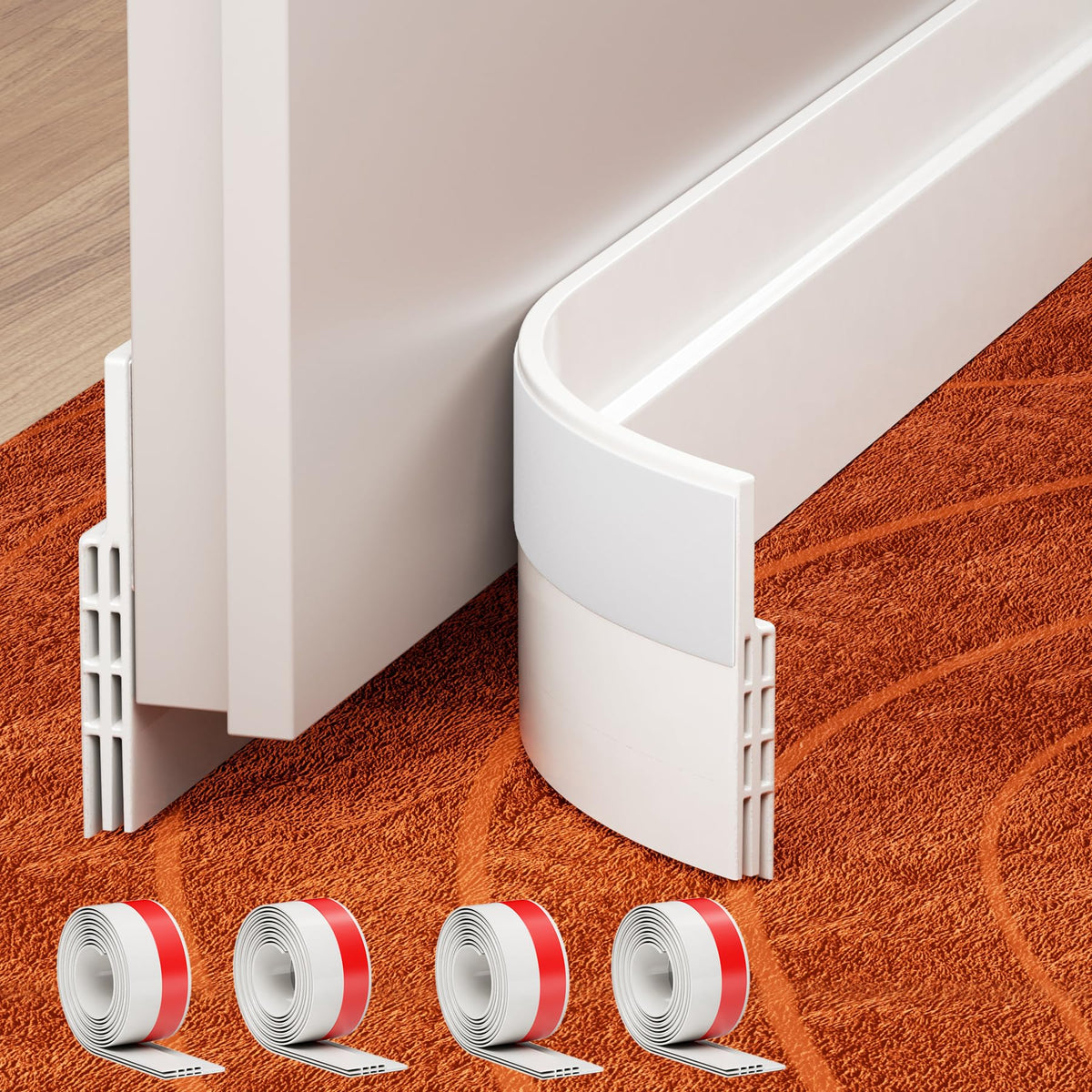 GroTheory door draft stopper white front view; energy-efficient silicone seal.