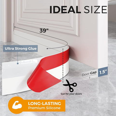 GroTheory door draft stopper white installation step; easy cut and stick.
