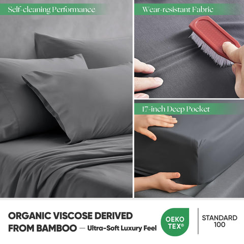GroundBam bed sheets folded on bed show rich queen dark gray tone.