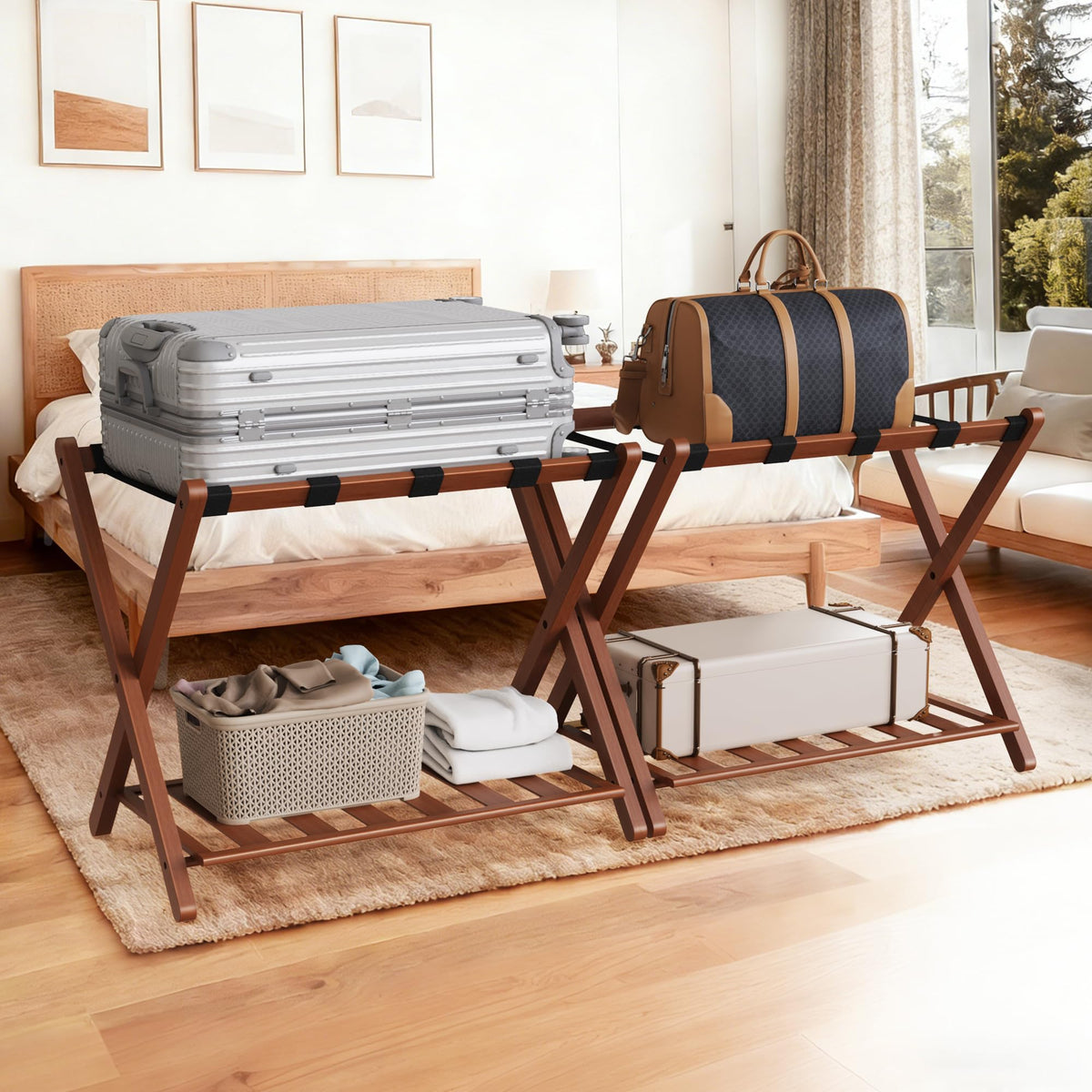 Grow Bou walnut luggage rack extended view showcases sturdy bamboo frame and two-tier design, ideal for guest rooms