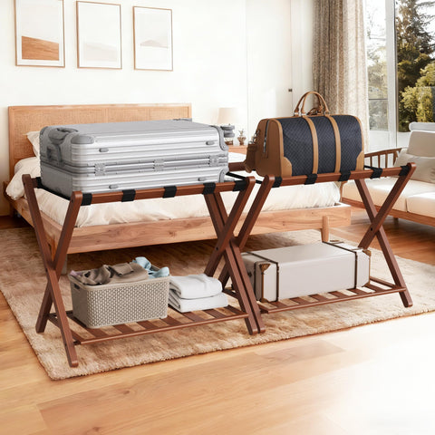 Grow Bou walnut luggage rack extended view showcases sturdy bamboo frame and two-tier design, ideal for guest rooms
