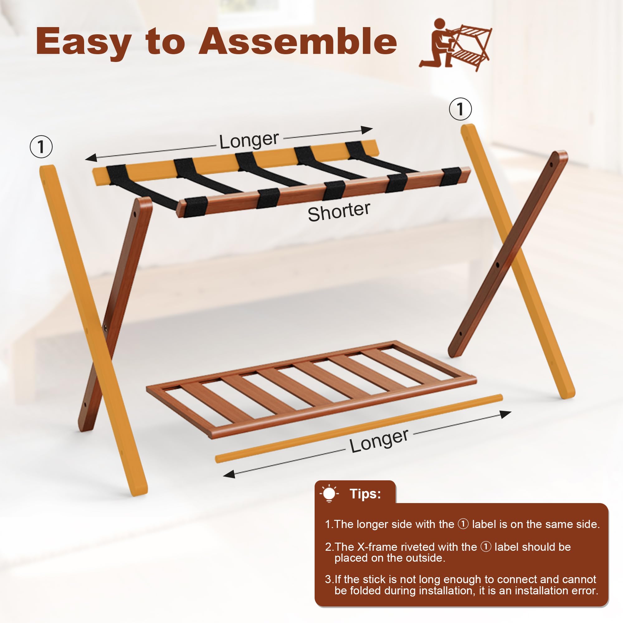 Grow Bou two-pack walnut luggage racks in a bedroom setup for guests