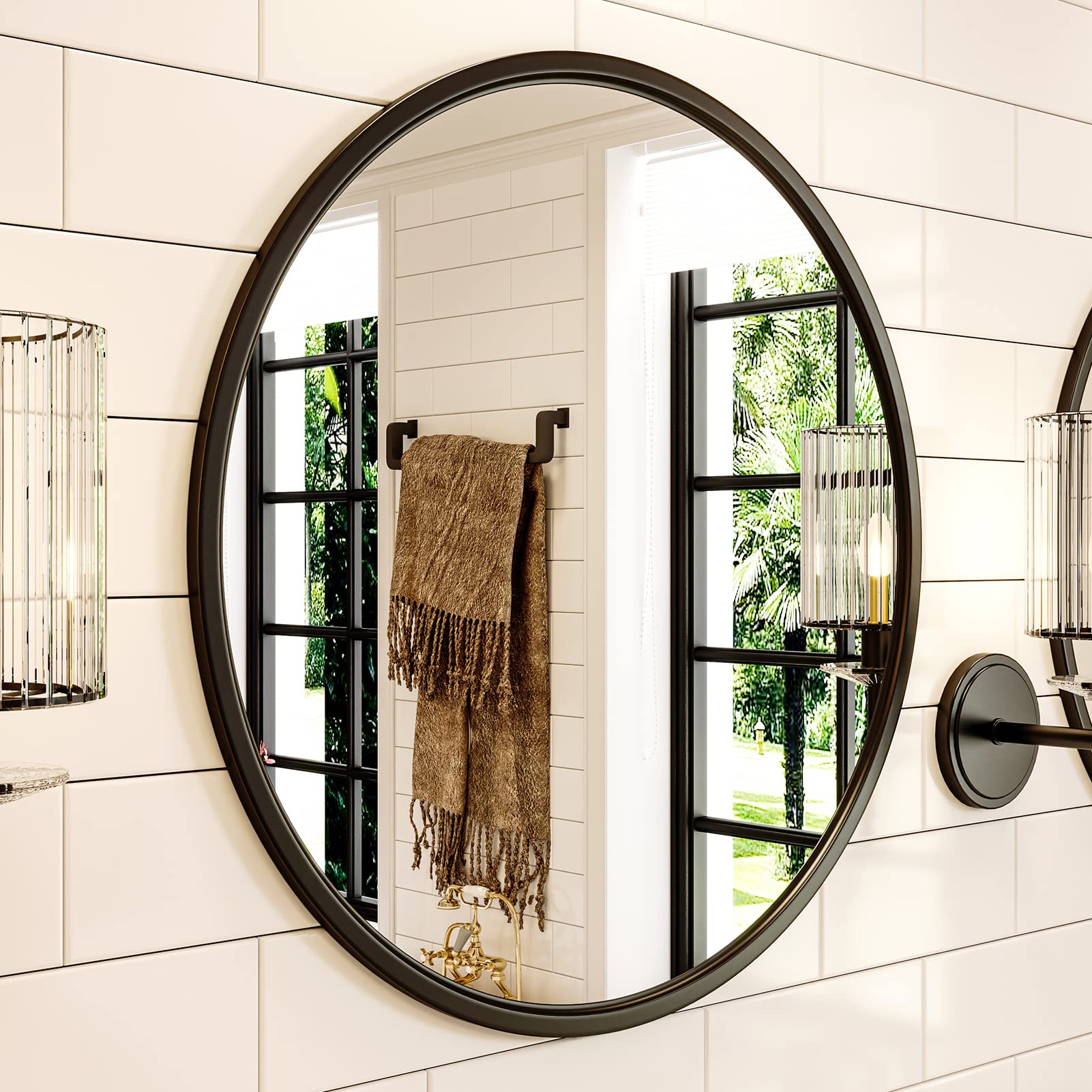 Growsun 24in round mirror in bathroom vanity setup for practical decor