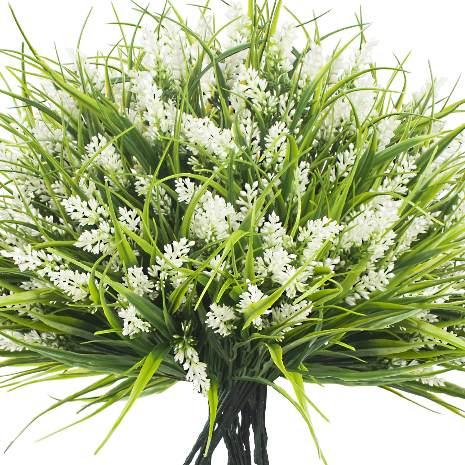 Grunyia 20 bundles artificial monkey grass with white flowers, ideal for outdoor wedding decor.