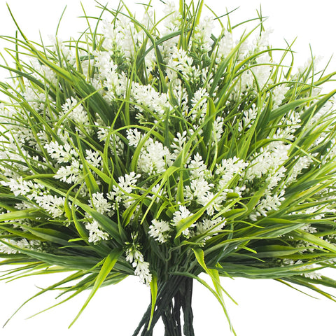 Grunyia 20 bundles artificial monkey grass with white flowers, ideal for outdoor wedding decor.