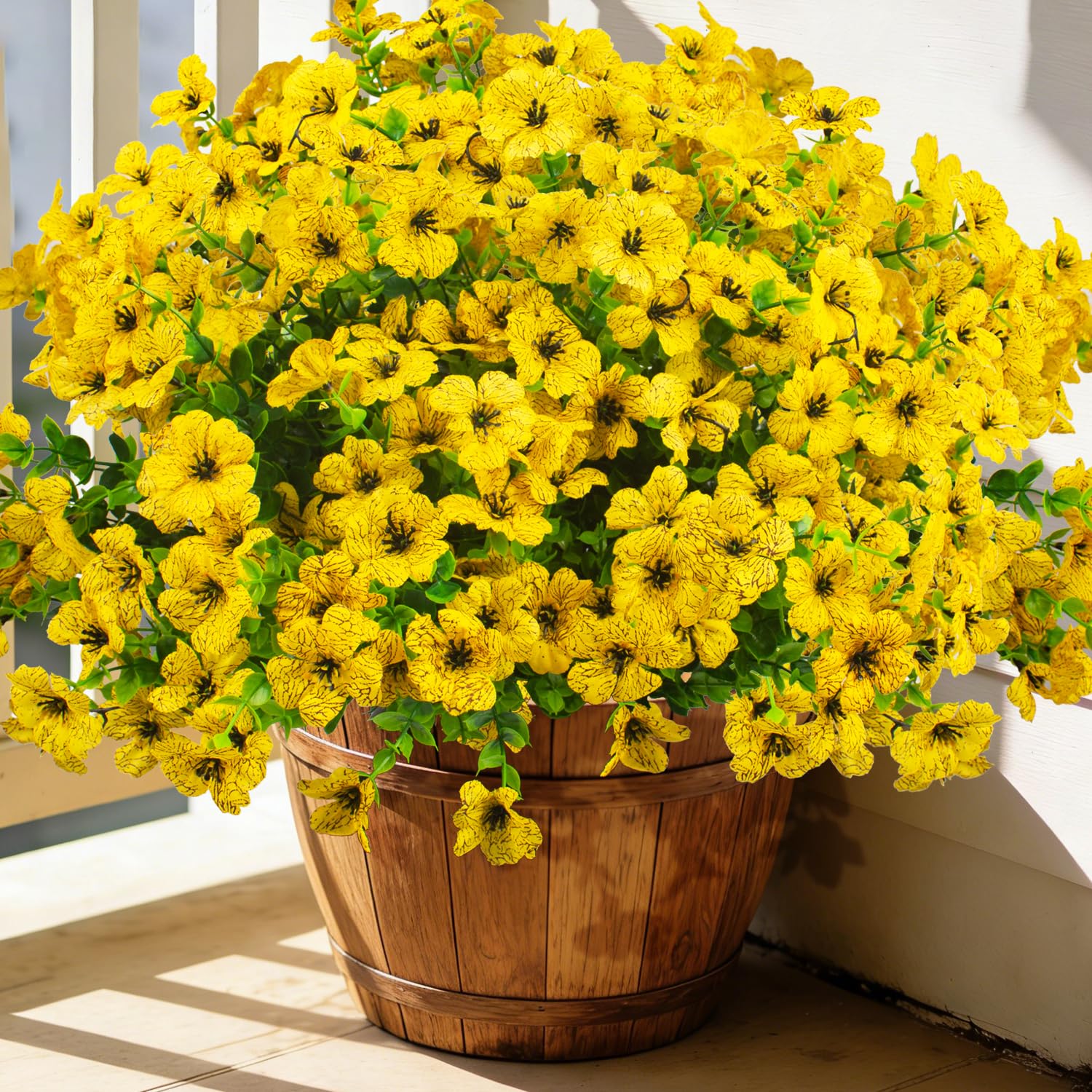 Grunyia yellow outdoor artificial flowers are UV-resistant for enduring color in sunlight.