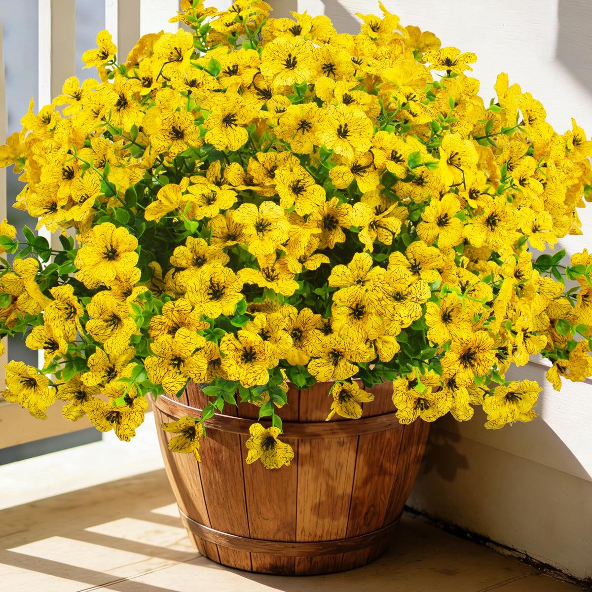 Grunyia yellow outdoor artificial flowers are UV-resistant for enduring color in sunlight.