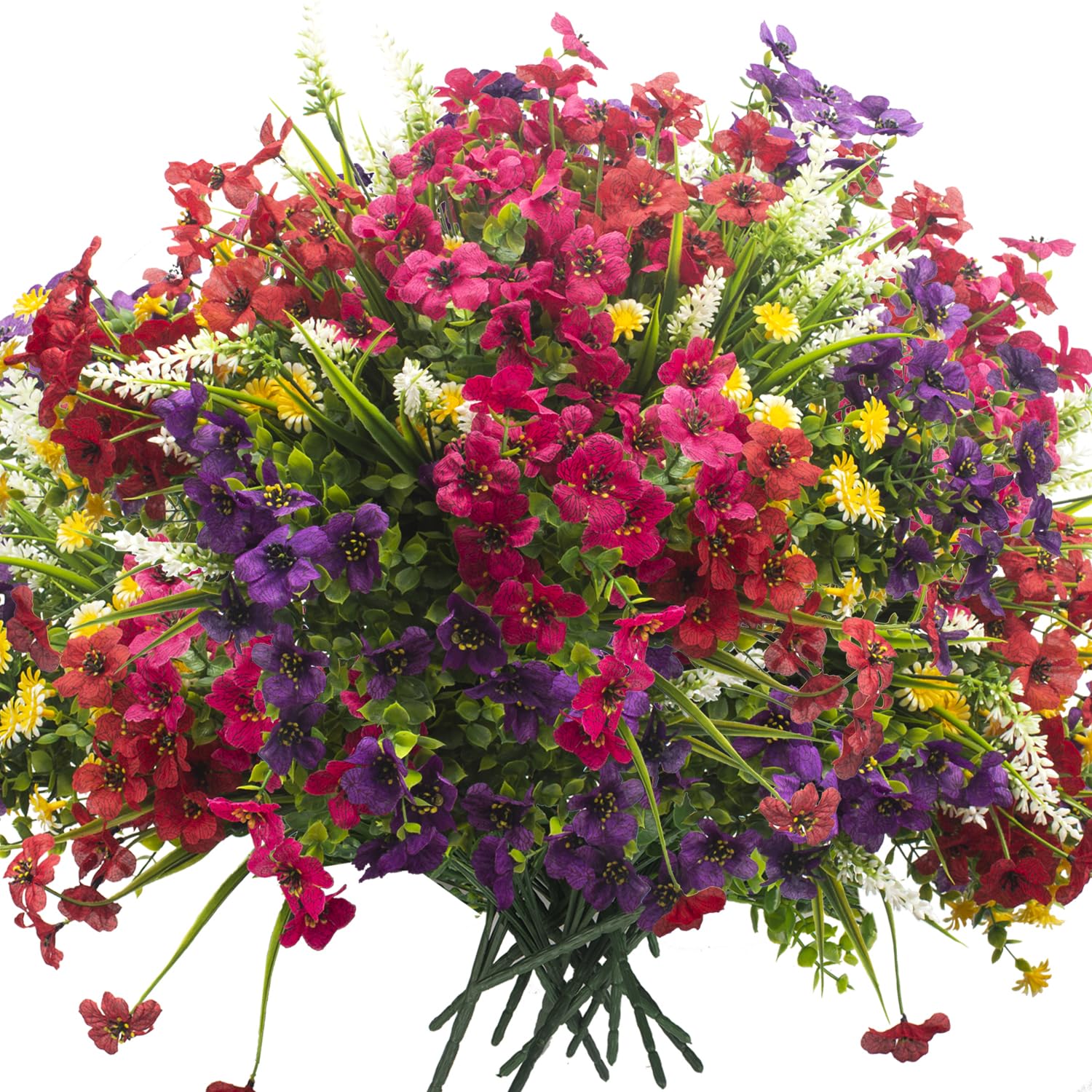 Grunyia 20-pack outdoor faux flowers in full bloom for weatherproof beauty.