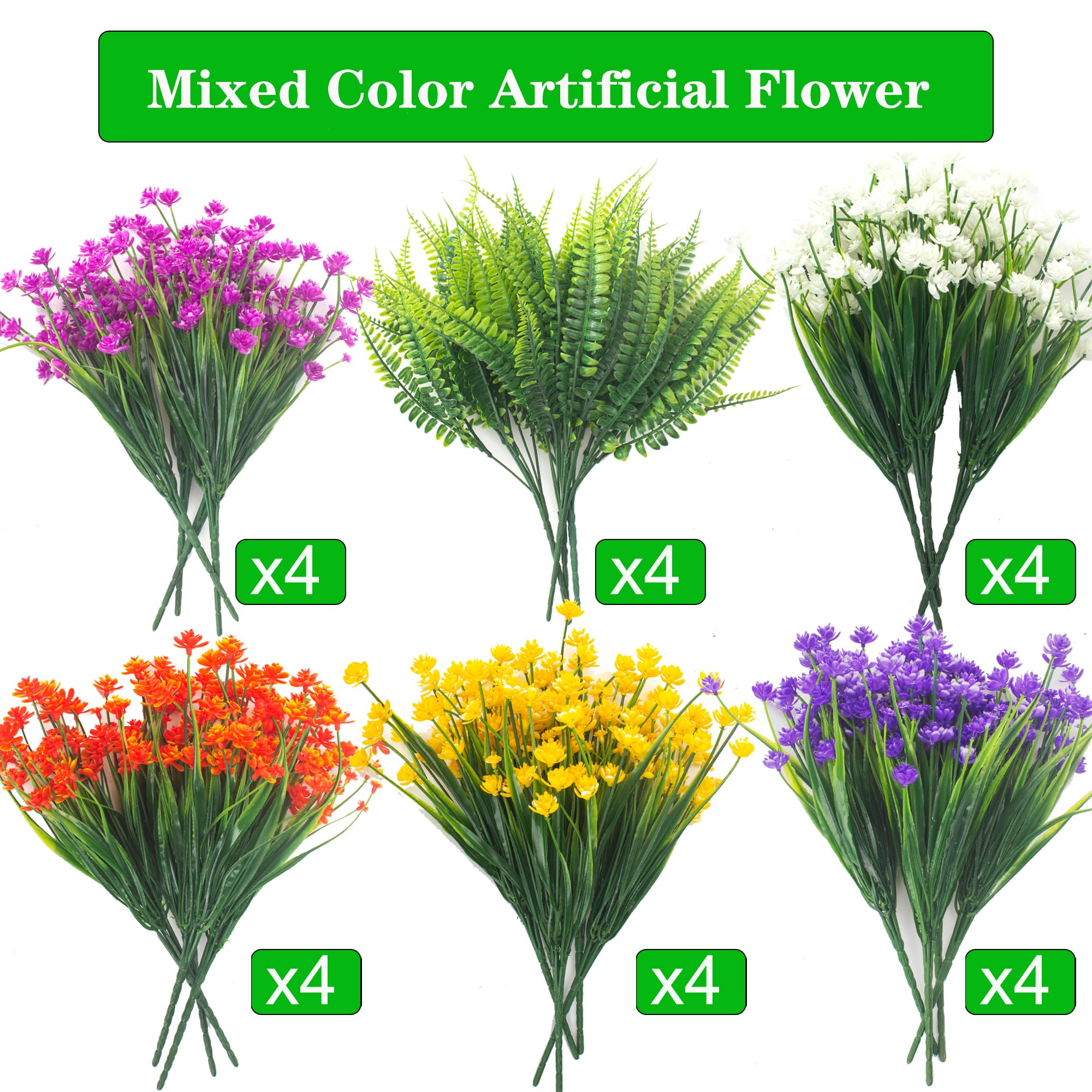 Grunyia 24 bundles artificial flowers for versatile outdoor and indoor decorating.