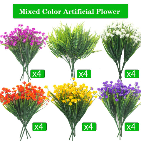 Grunyia 24 bundles artificial flowers for versatile outdoor and indoor decorating.