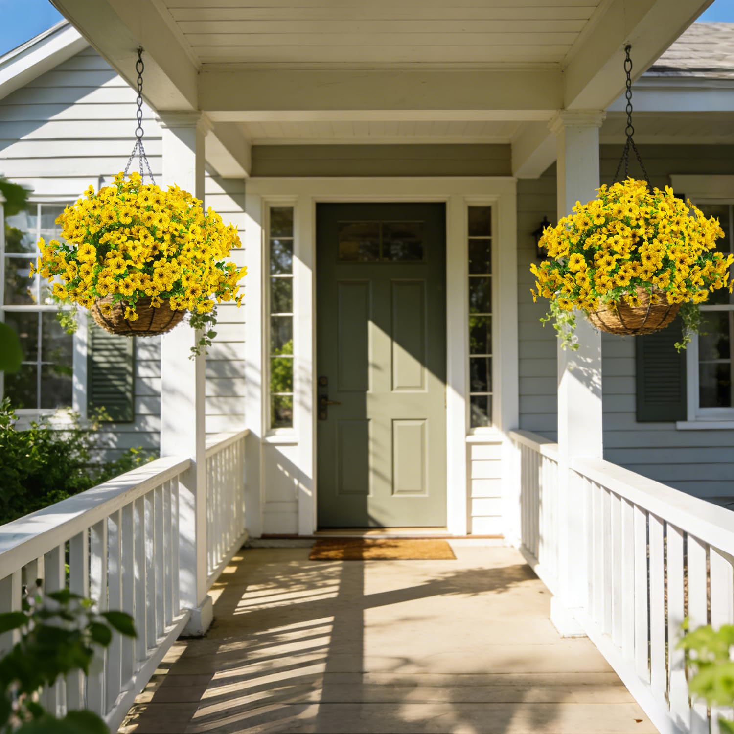 Grunyia flowers in hanging baskets add easy outdoor decor.
