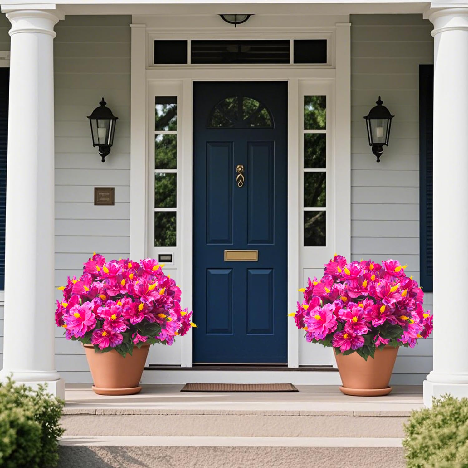 Grunyia artificial hibiscus full bundle in planter highlights bold color for bright balconies.