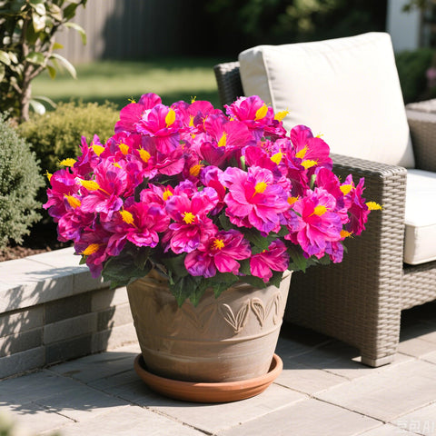 Grunyia artificial hibiscus hanging-basket display adds tropical flair with low maintenance.