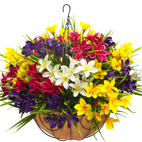Grunyia artificial outdoor flowers in hanging basket brighten porches for ready-to-display decor