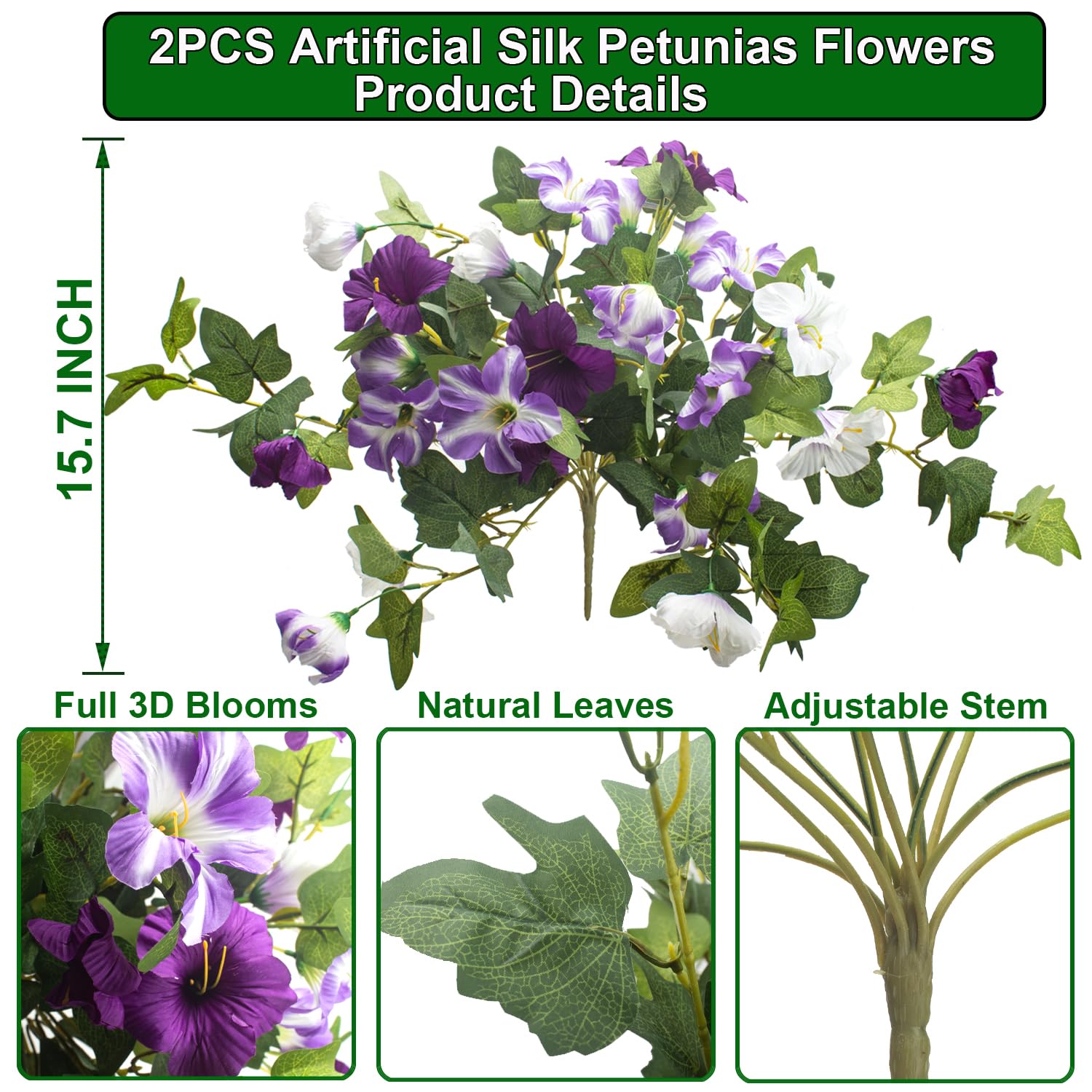 Grunyia artificial petunia blooms in an indoor-outdoor display for versatile decor.