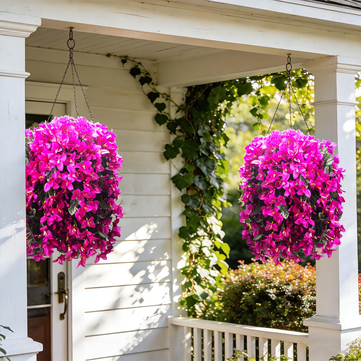 Grunyia Bougainvillea hanging planter setup on porch for decor ideas.