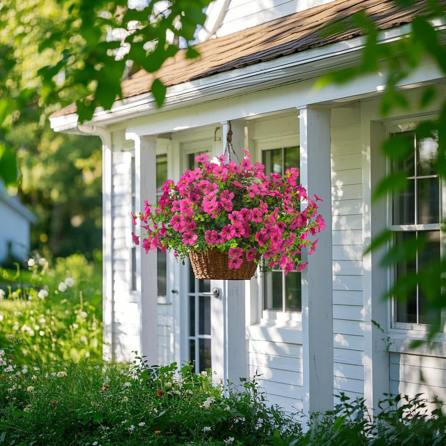 Grunyia daisy window box setup creates an all-season focal point.
