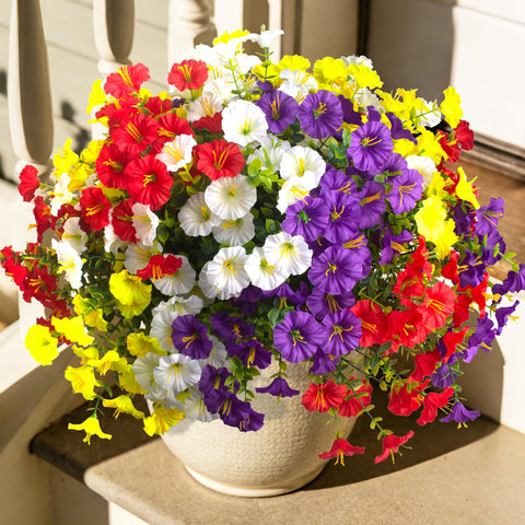 Grunyia Morning Glory artificial flowers in porch display for year-round color.