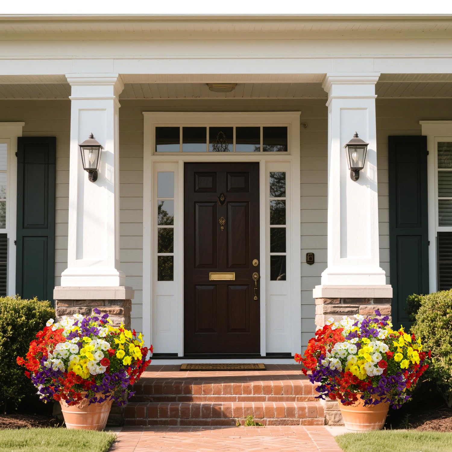 Grunyia planters and hanging baskets showcase colors with durable blooms.