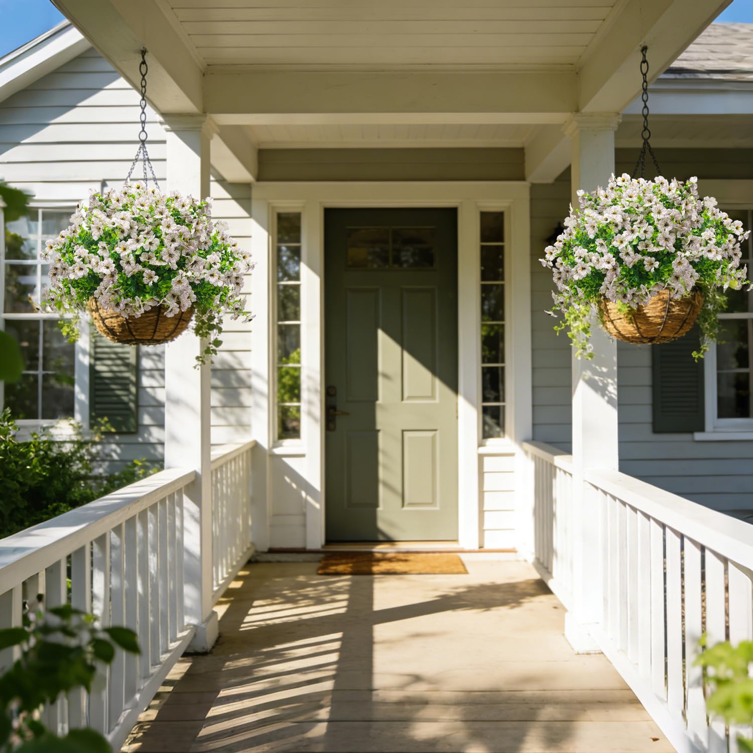 Grunyia outdoor decor on hanging baskets for porch elegance.