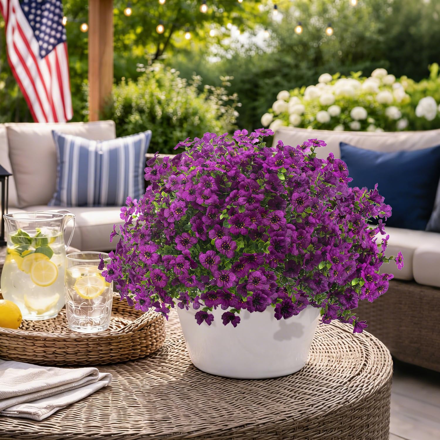 Grunyia porch decor purple blooms add inviting outdoor ambiance.
