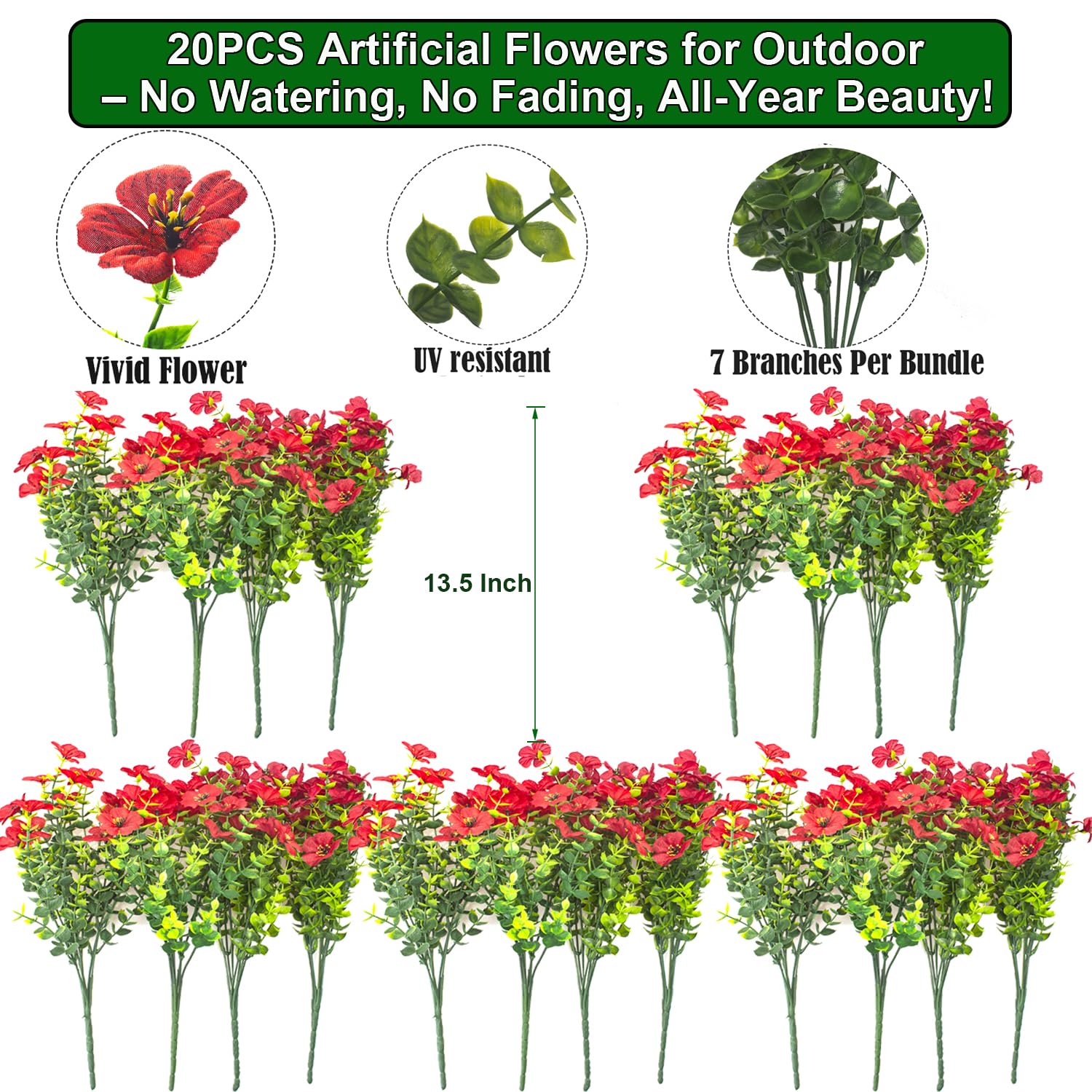 Grunyia red artificial flowers in a hanging basket brighten porches without watering.