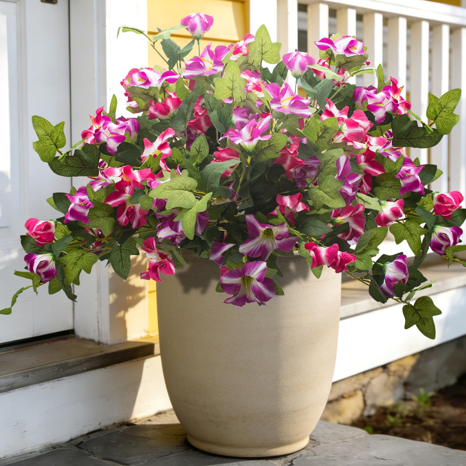 Grunyia rose outdoor faux flower close-up with lifelike petals for year-round porch beauty.