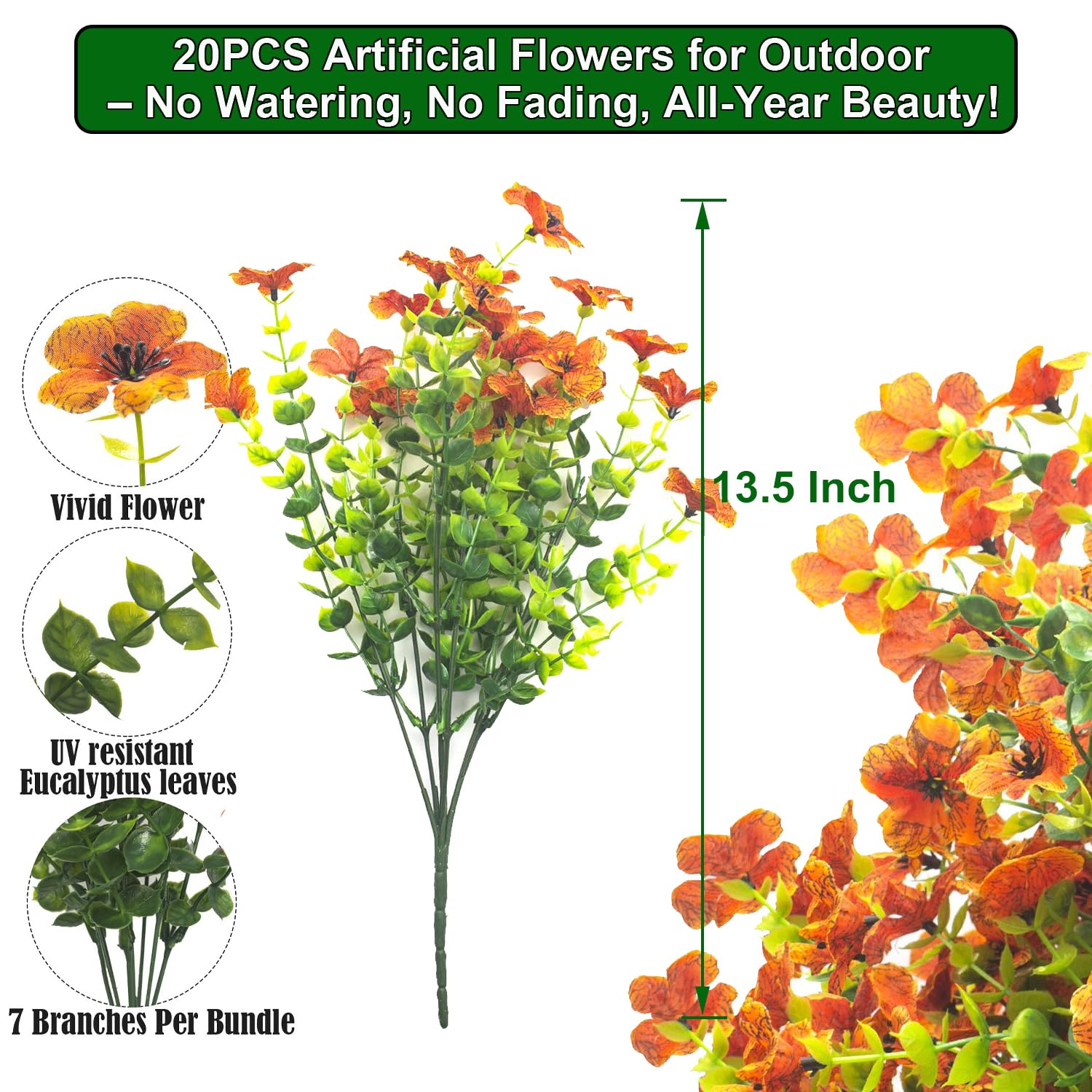 Grunyia UV-resistant orange artificial blooms for durable porch displays.