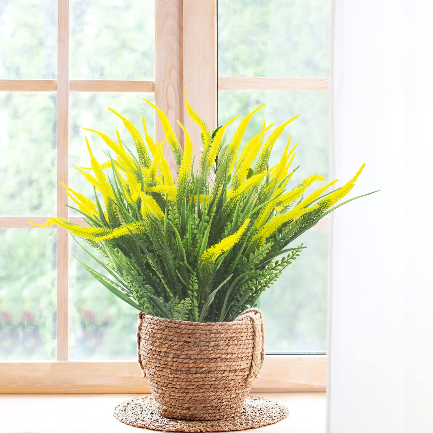 Grunyia yellow faux flowers outdoors offer vibrant curb appeal.