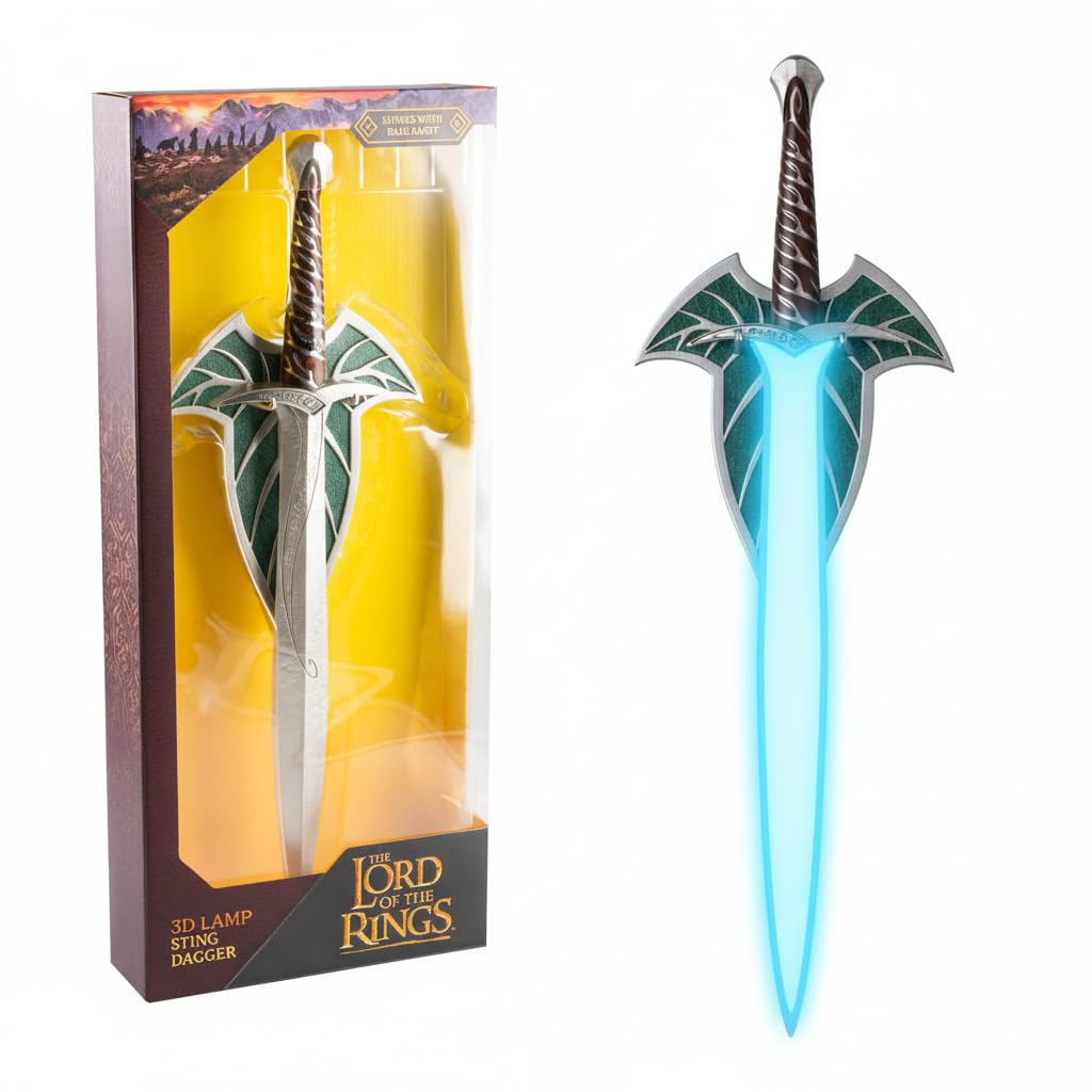 Grupo Erik Sting Sword Lamp mounted on wall with blue glow for fantasy ambience.