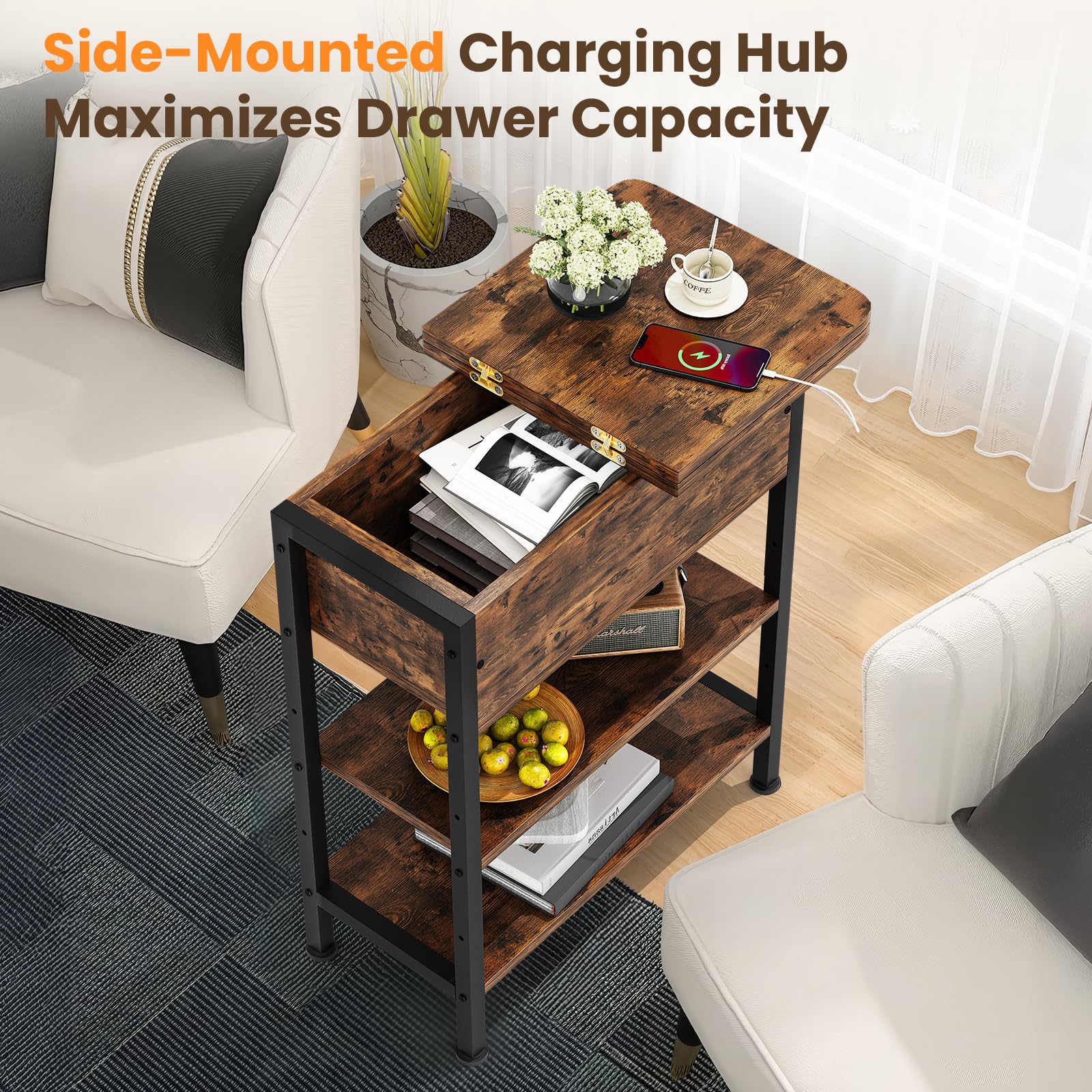 GRUSIGN end table left-side charging station placement reduces spill risk near drinks.