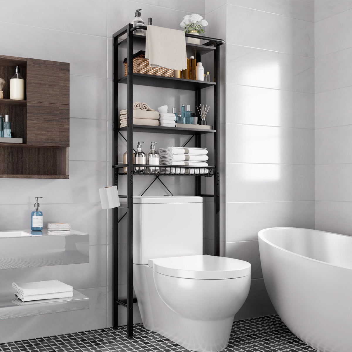 GRUSIGN over-the-toilet shelf side view with sturdy frame for clutter-free storage