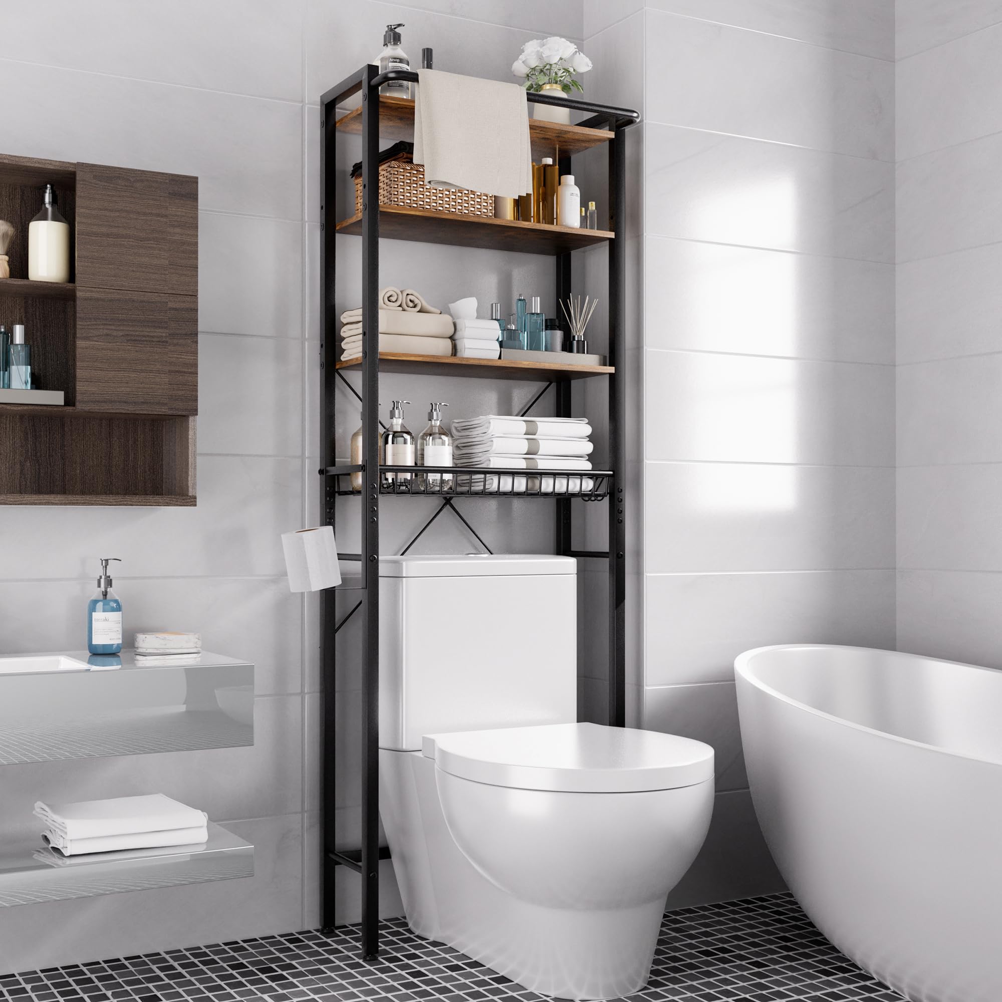 GRUSIGN over-the-toilet shelf four-tier brown finish for compact bathroom storage.