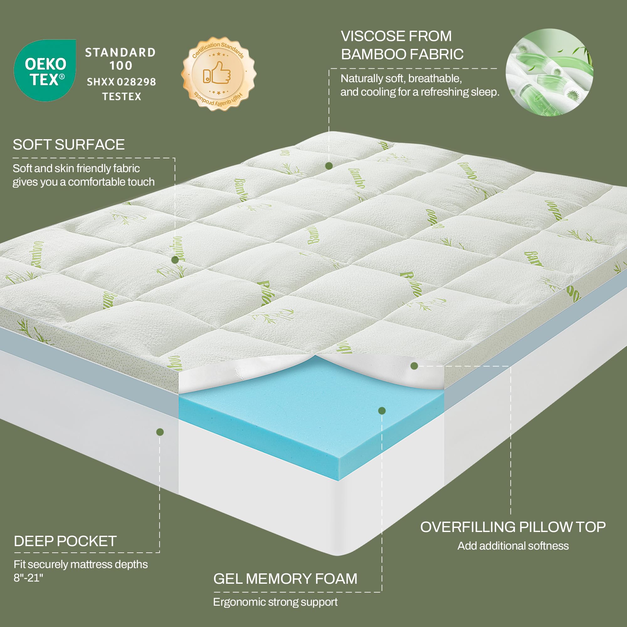 GRUSIGN Queen memory foam topper bamboo viscose cover soft and breathable