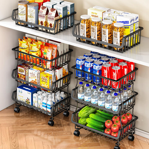 Gsiekare 3-tier pantry cart front view with stackable baskets for easy reach.