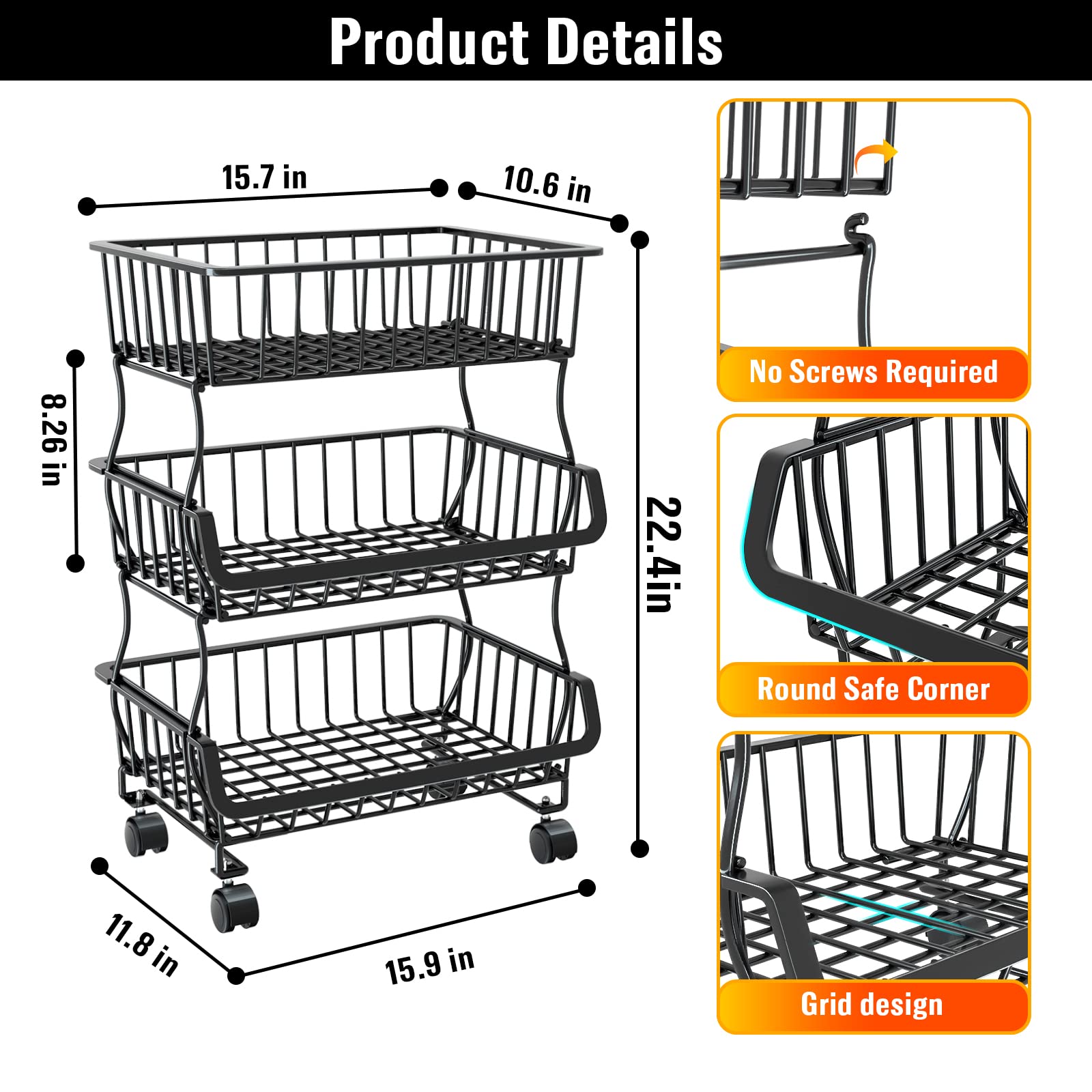 Gsiekare 3-tier pantry cart side view showing compact footprint for tight spaces.