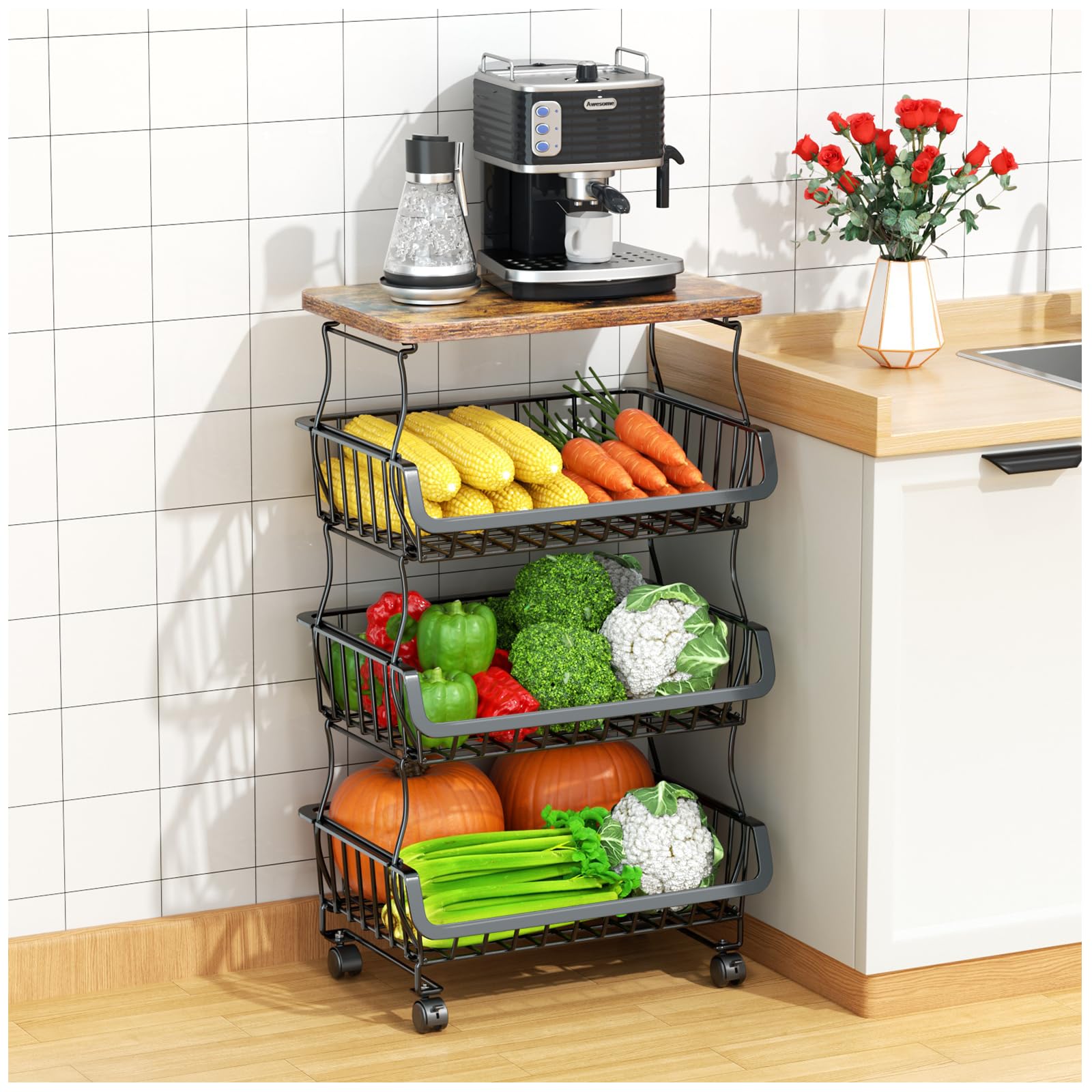 Gsiekare 4-tier fruit and vegetable basket with wood top for organized produce and dust protection.