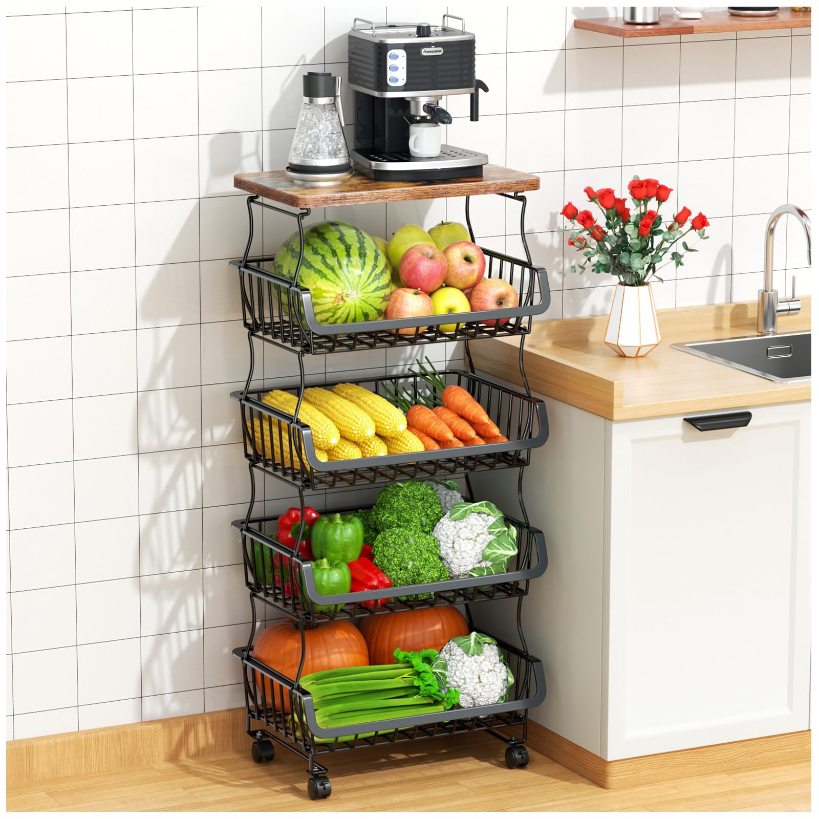 Gsiekare 5-tier fruit basket with wood top and wheels for versatile kitchen storage.