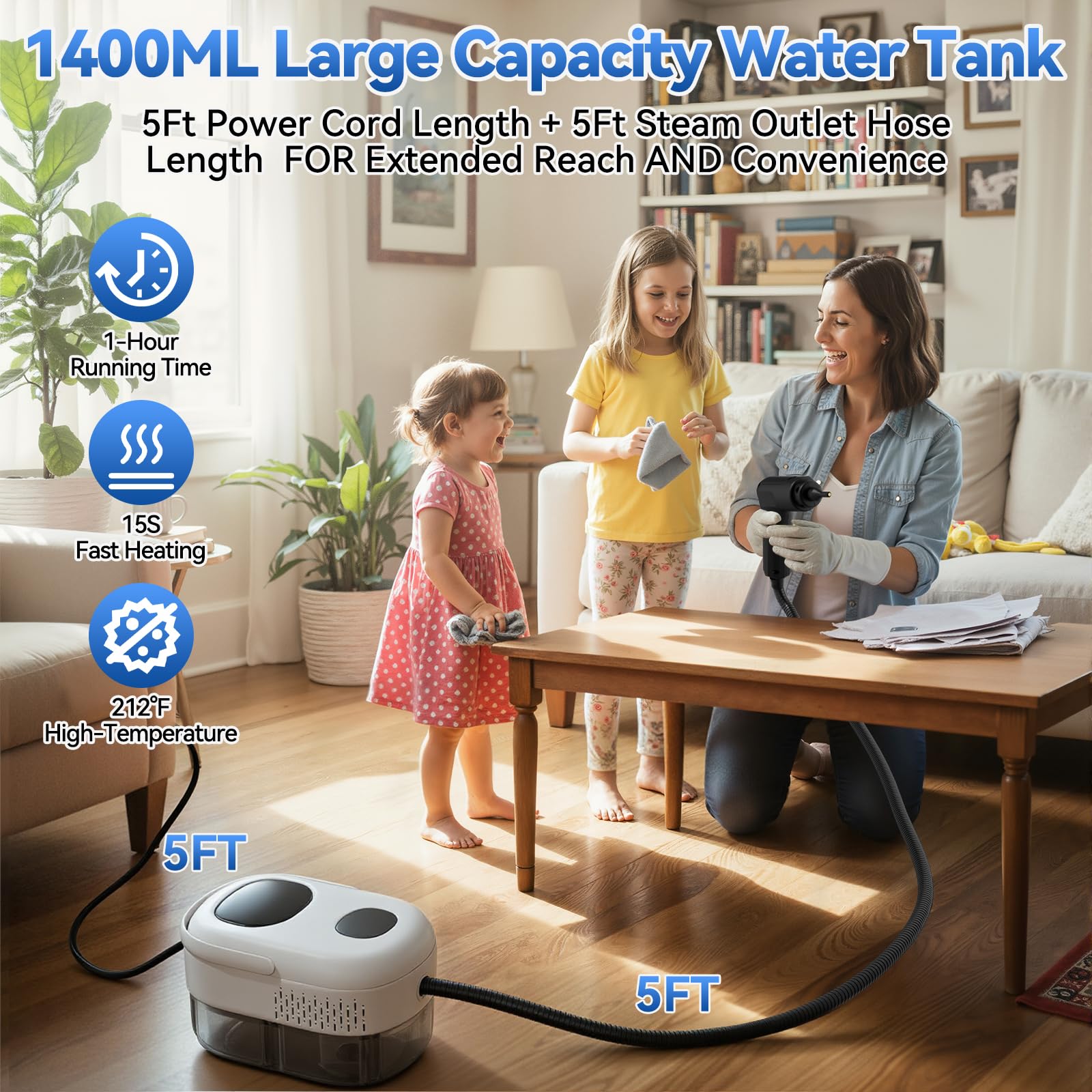 Gsskny steam cleaner tank and fill cap illustrating 1.4L capacity for longer cleaning