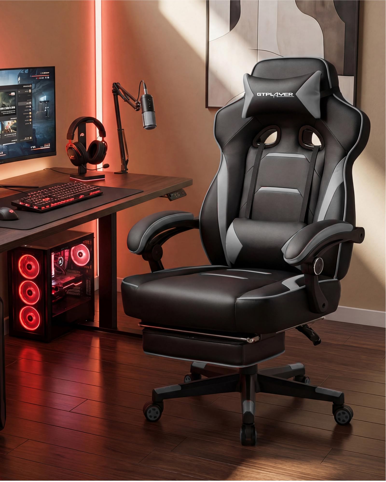 GTPLAYER chair backrest close-up shows tall ergonomic support for posture
