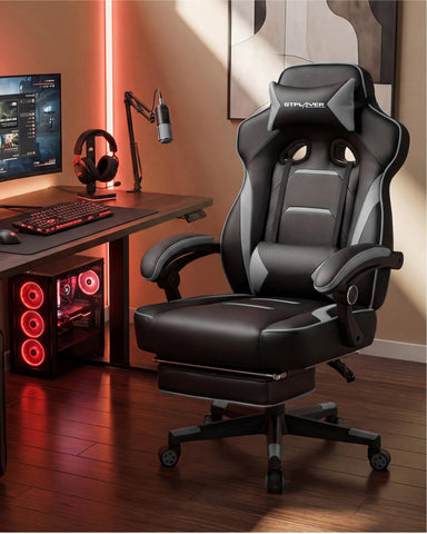 GTPLAYER chair backrest close-up shows tall ergonomic support for posture