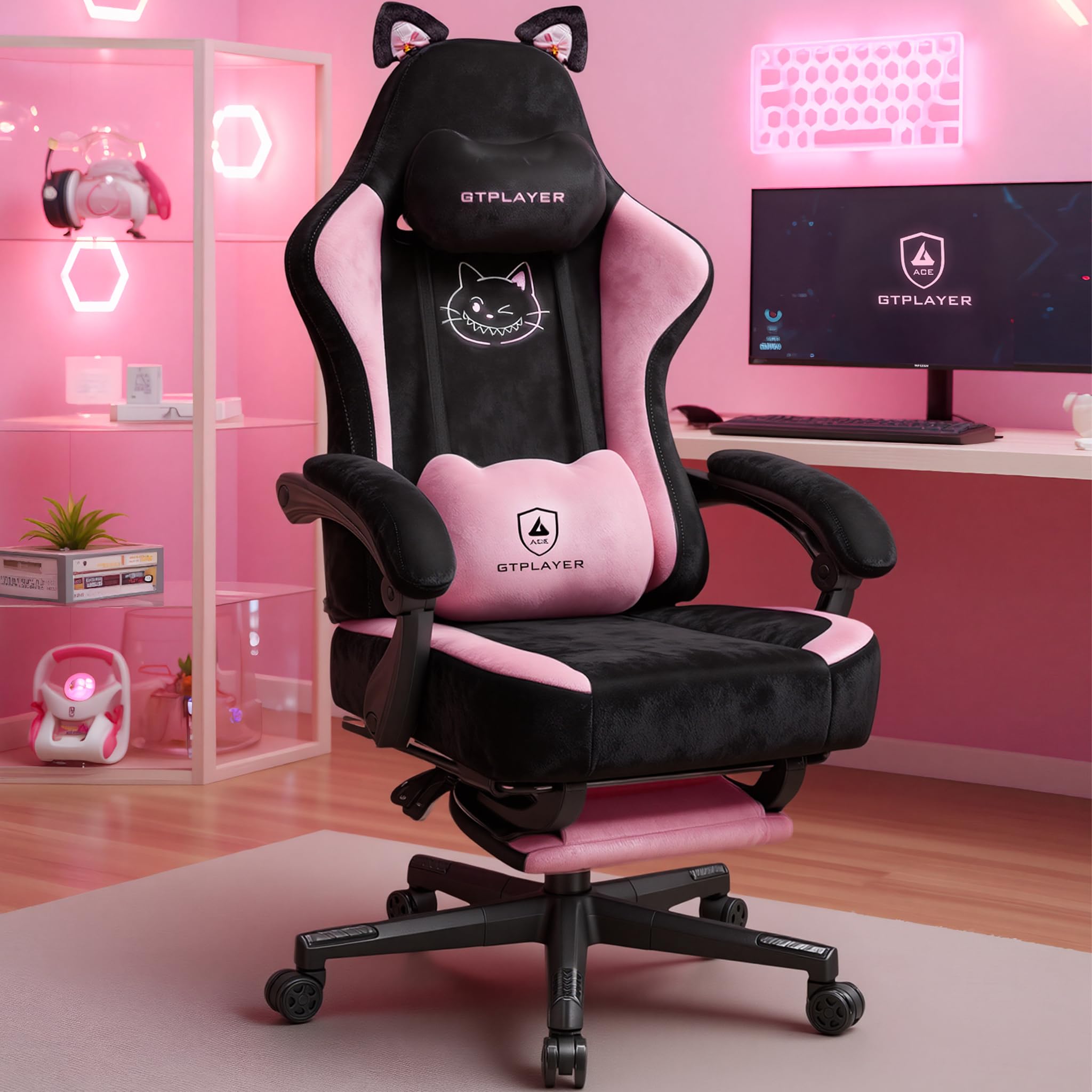 GTPLAYER pink gaming chair with cat ears enhances playful aesthetics while offering ergonomic support